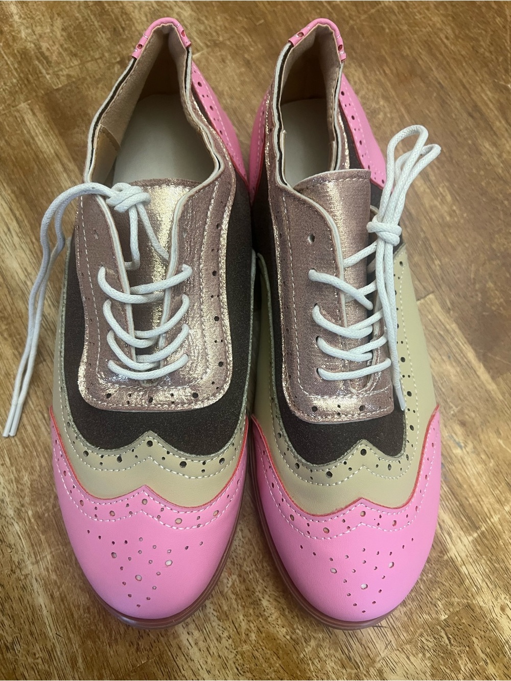 Amazon Pink Multi-Tone Wingtip Loafers with Metallic Rose